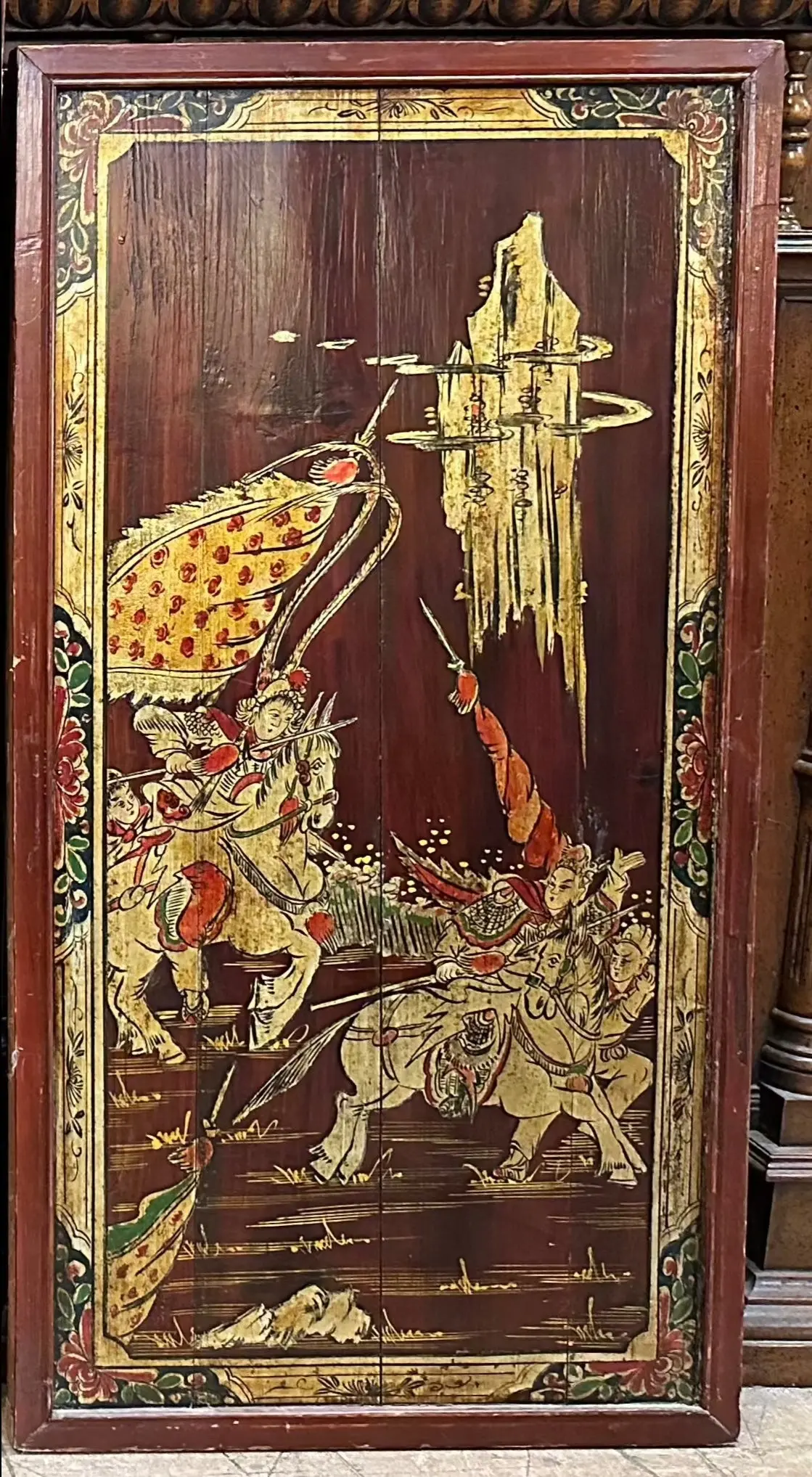 Chinese Wood Panel With Painted Scene 1