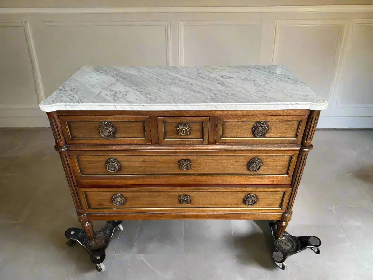 Louis Xvi White Marble Top 3 Drawer Chest- Scratches In  Top 1