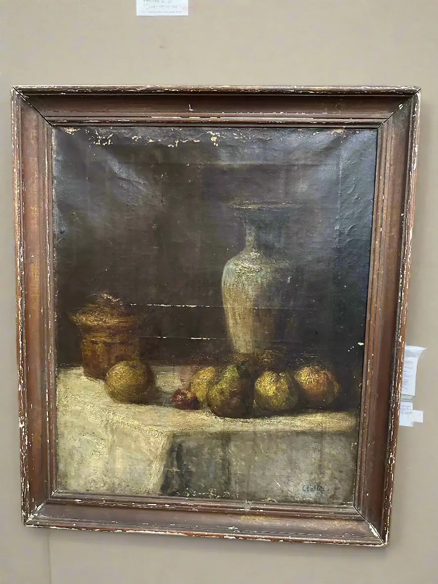 Early As Found Framed Still Lofe Oil Painting With Fruit And Vase 1