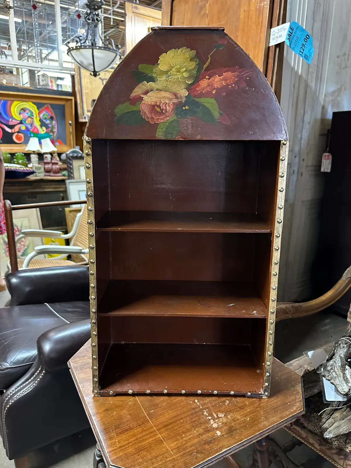 Small Not Old Shelf With Floral Painting And Brass 1