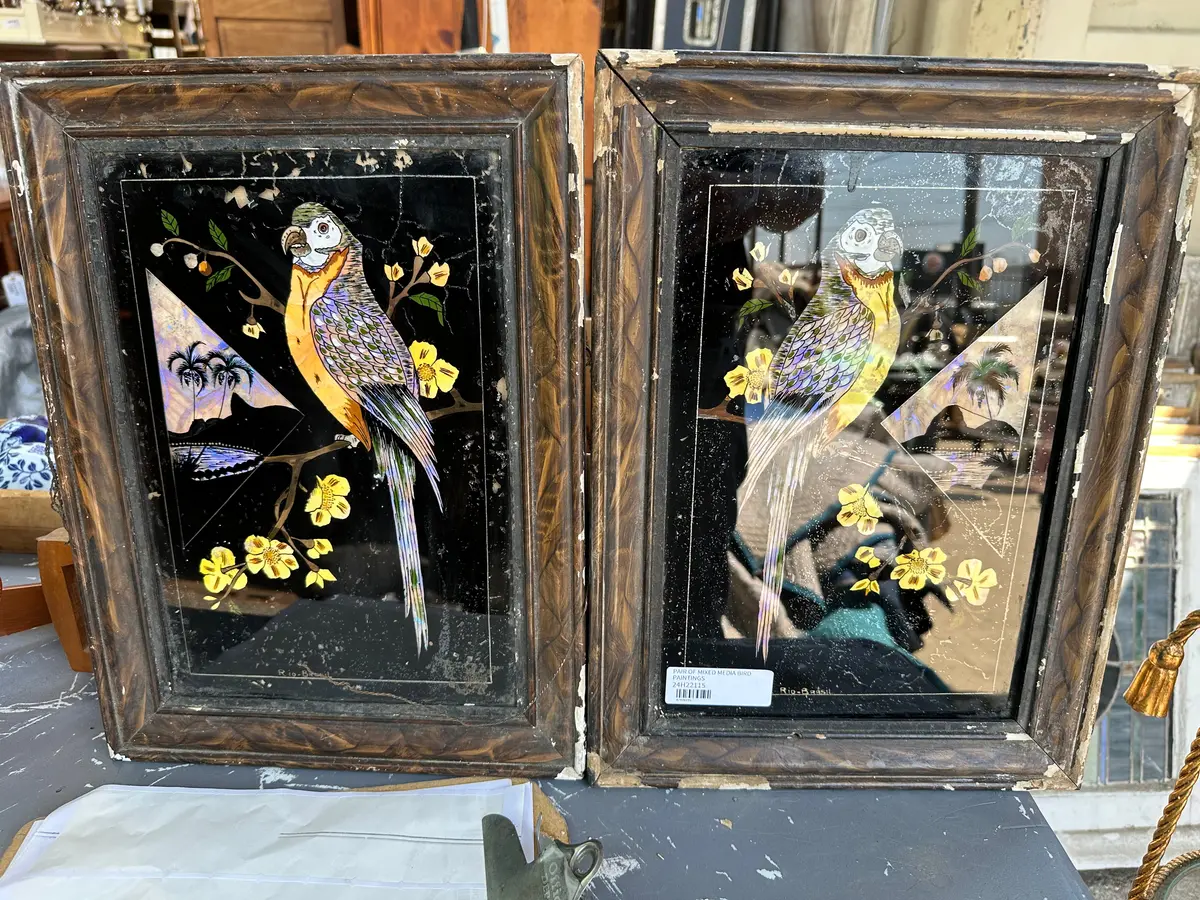 Pair Of Mixed Media Bird Paintings As Found 1