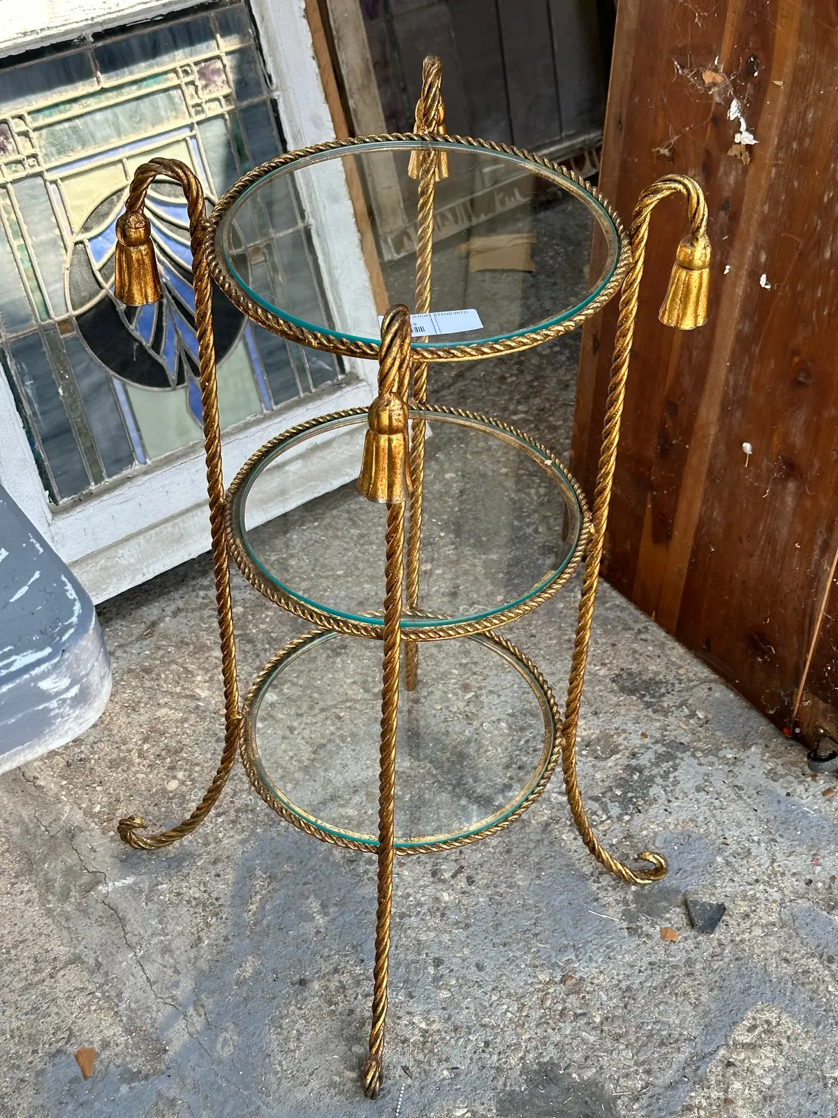 3 Tier Gold Rope Stand With Tassles Glass Shelves 1