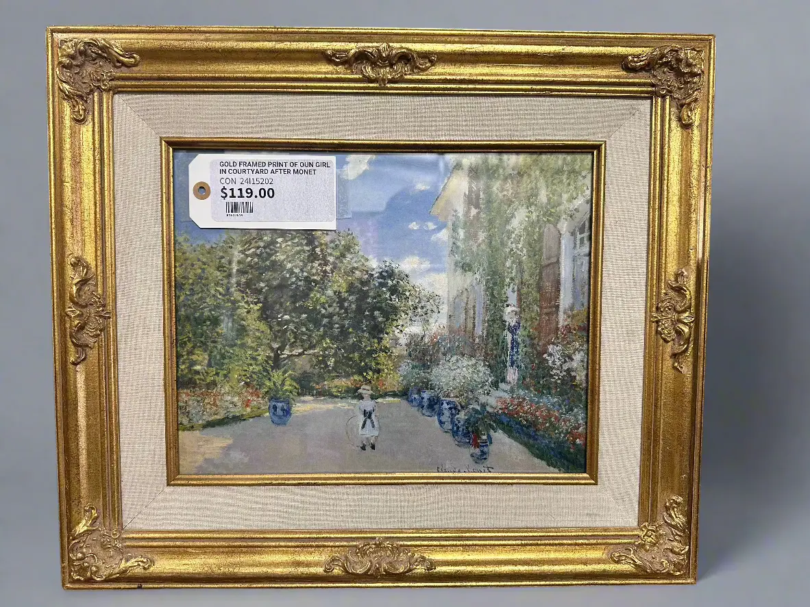 Gold Framed Print Of Young Girl In Courtyard After Monet 1