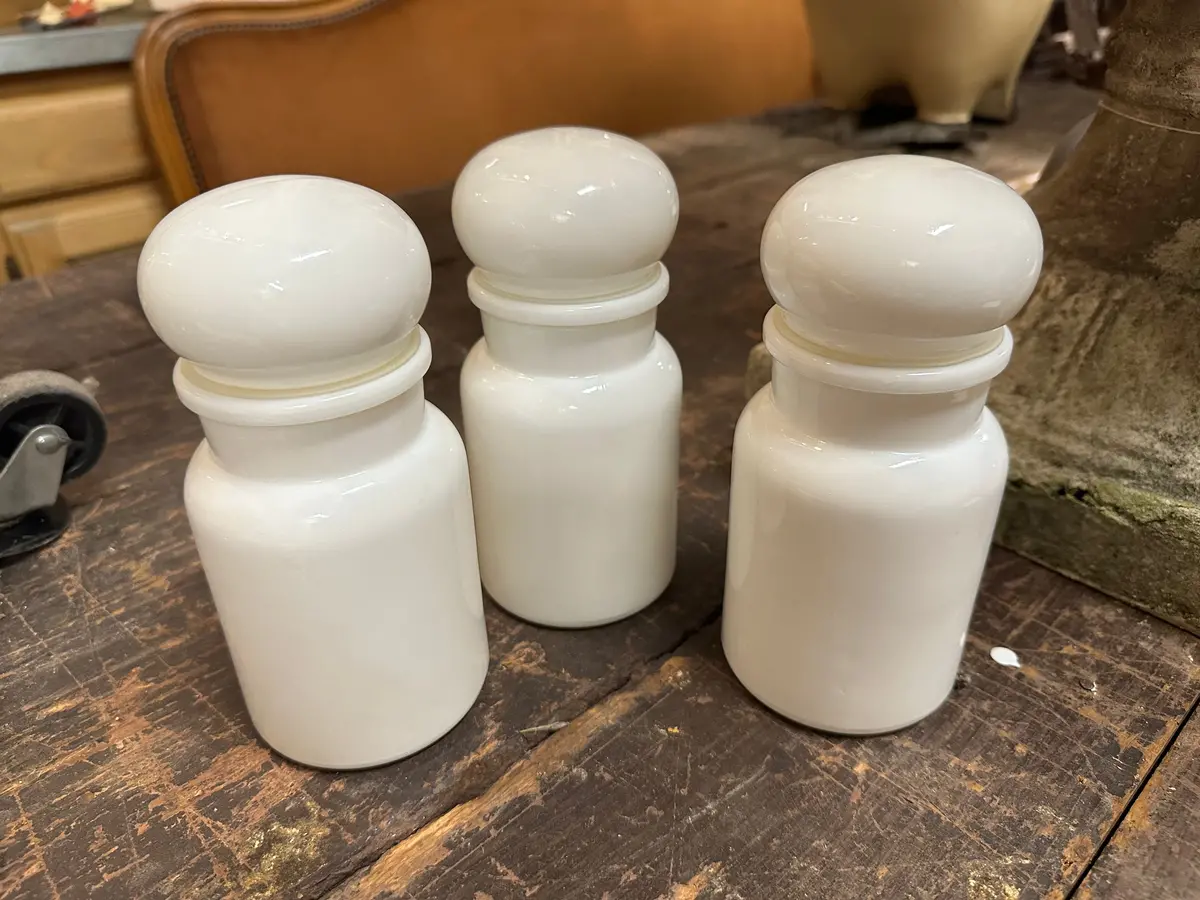Set Of 3 Belgian Milk Glass Cannisters 1