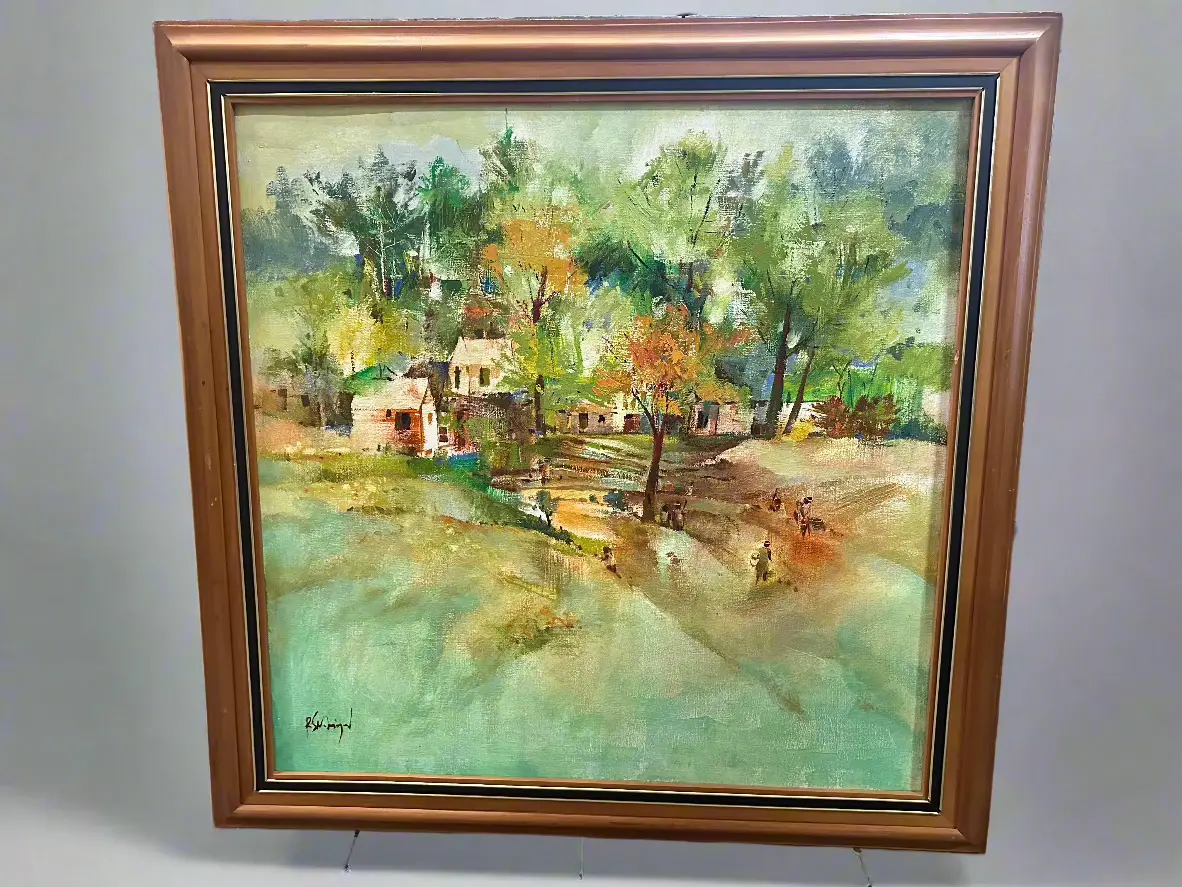 Framed Midcentury Village Oil Painting 1