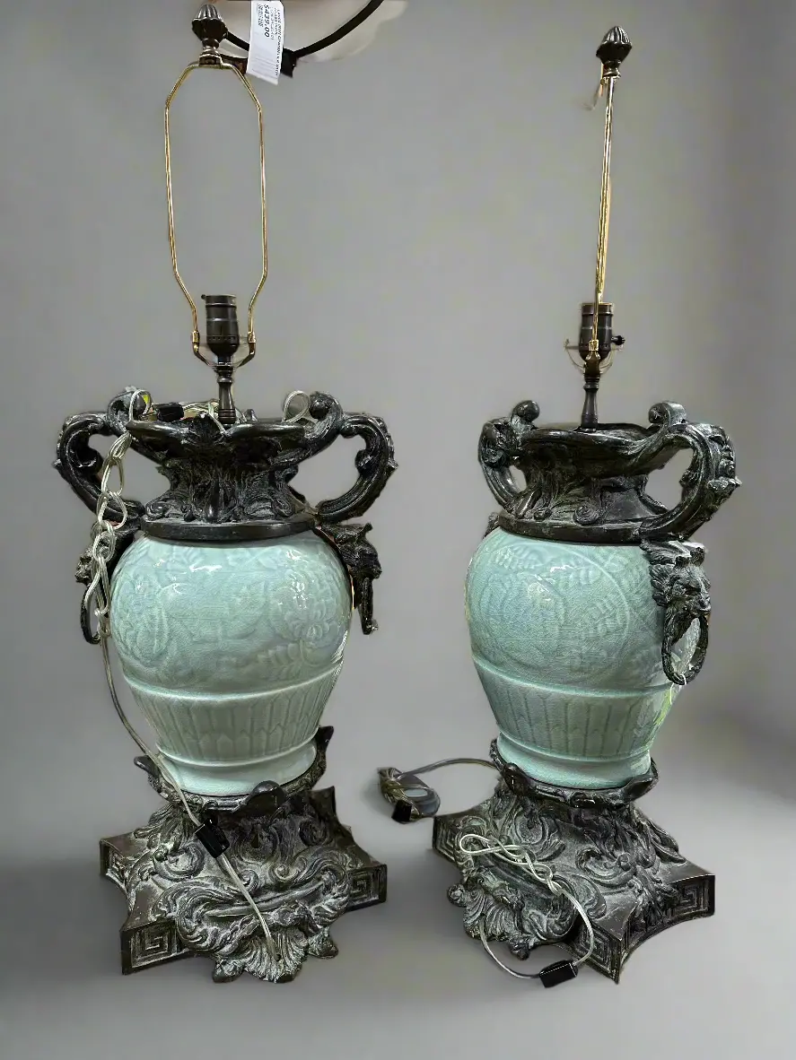 Pair Of Large Bronze And Celedon Glass Lamps 1