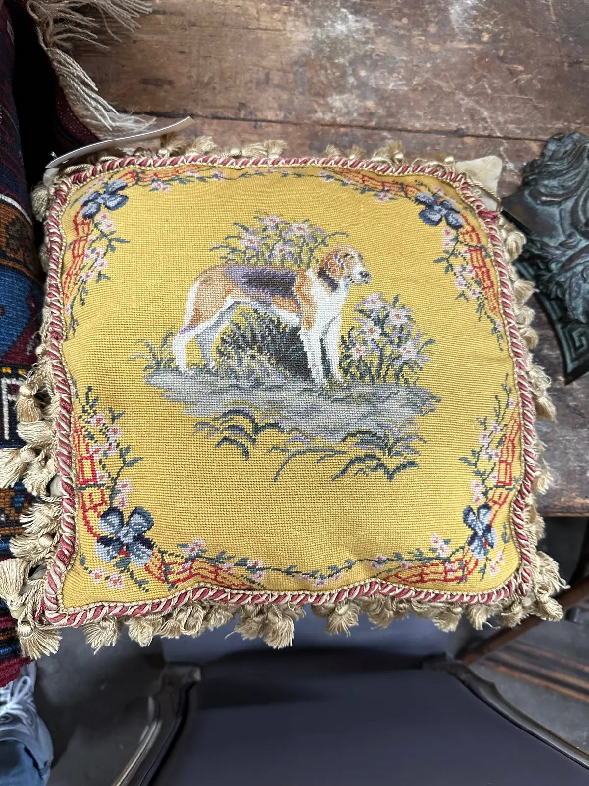Dog Needlepoint Pillow With Tassles 1