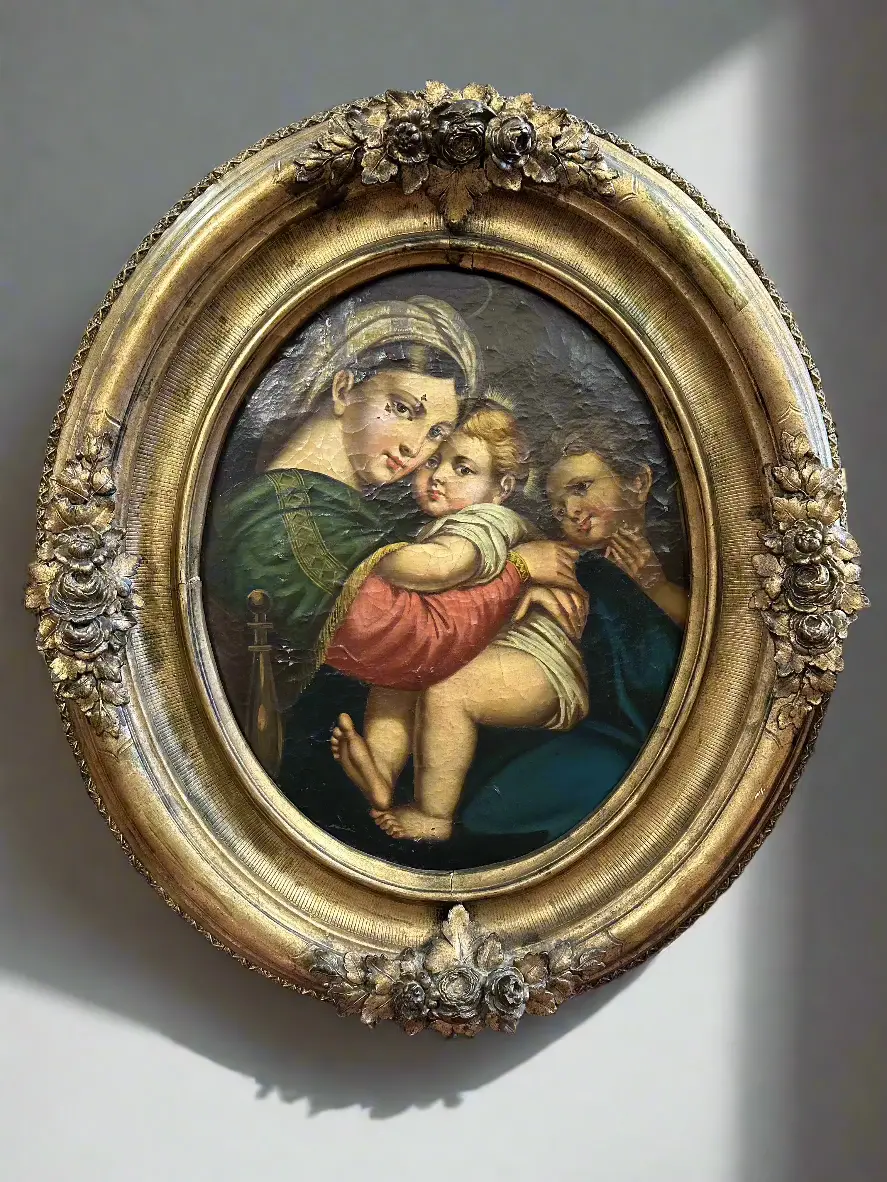 Oval Framed Oil Painting Of Madona And Children After Raphael-As Found 1
