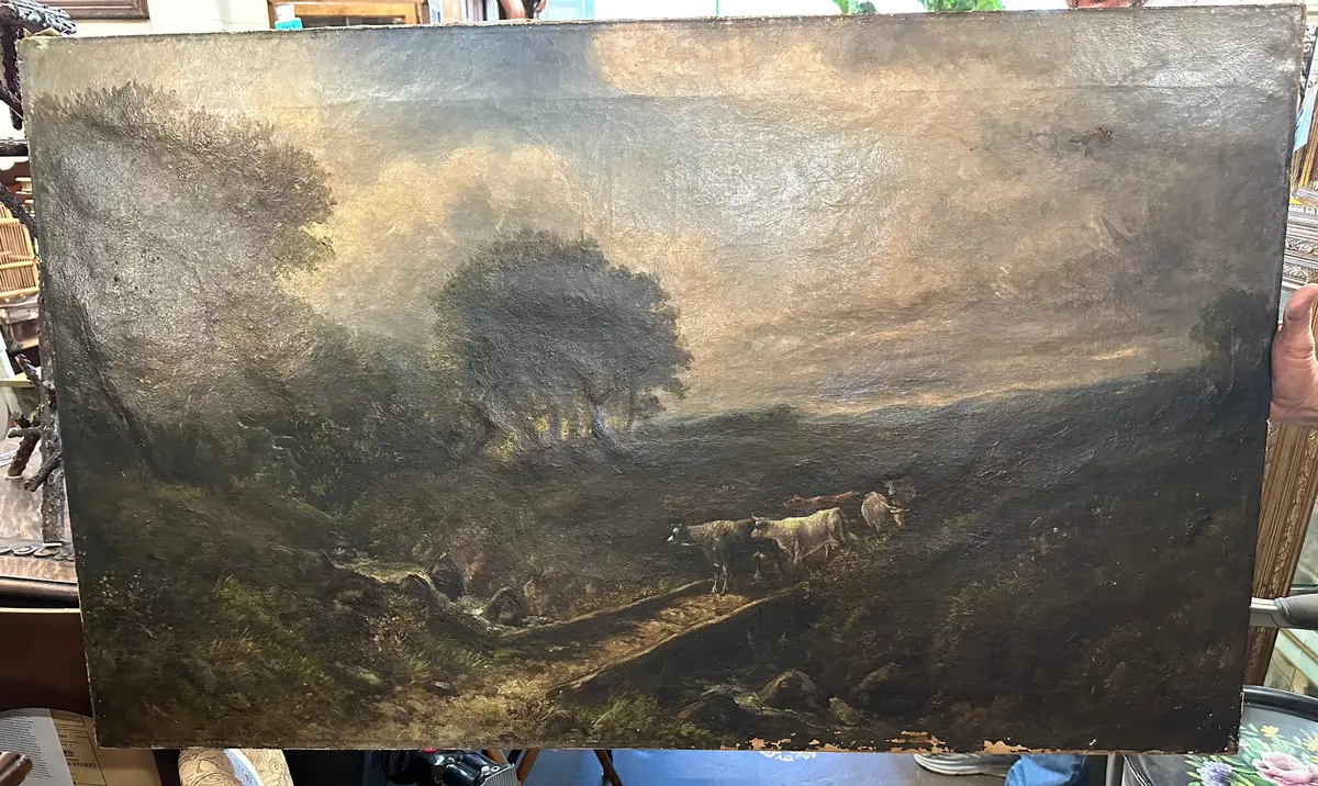 19Th Cenrury Oil Painting Of Cattle Crossing Bridge 1