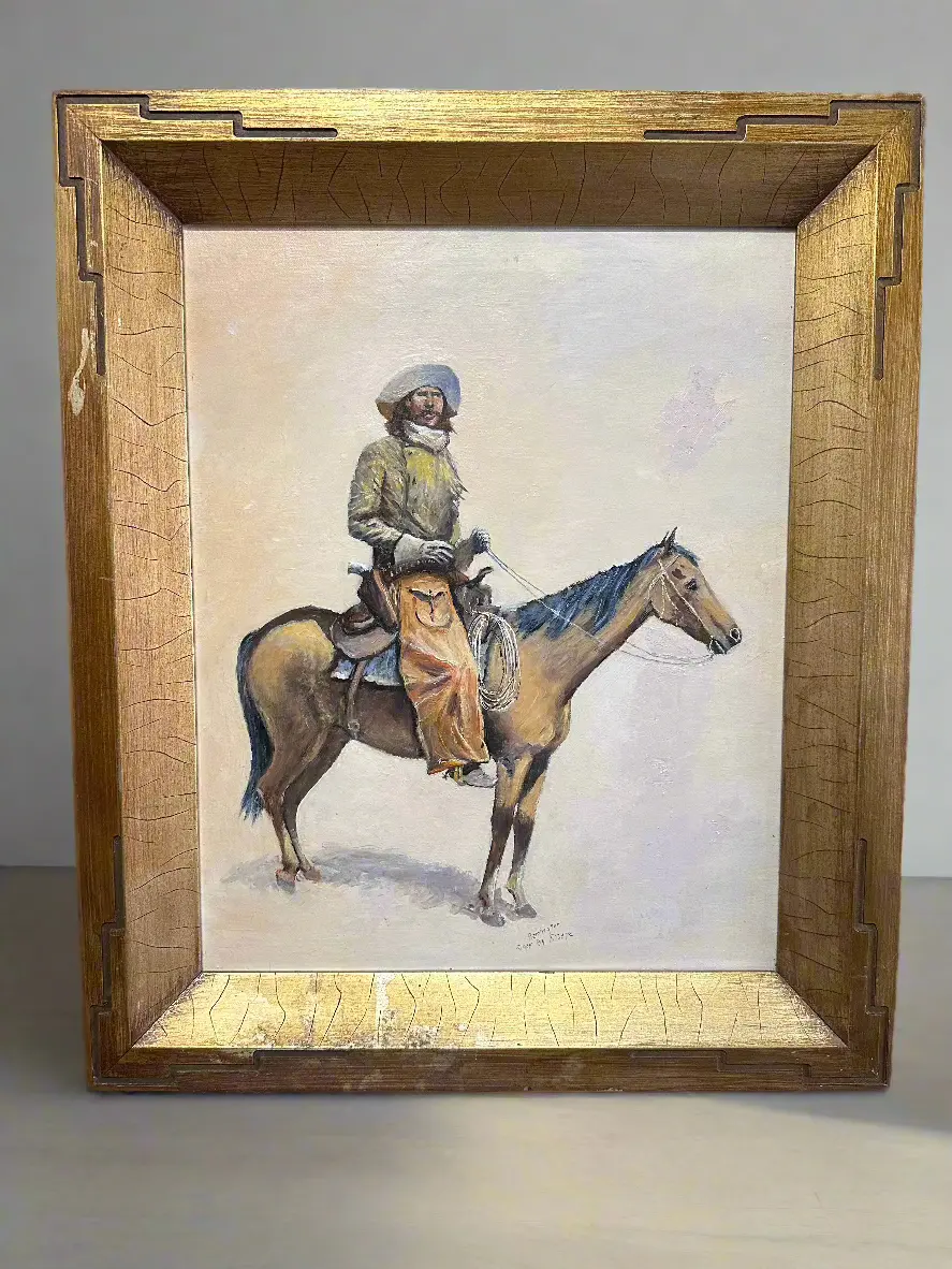 Gilt Framed Oil On Canvas Of Soldier Copy Of Remington By Sharpe 1