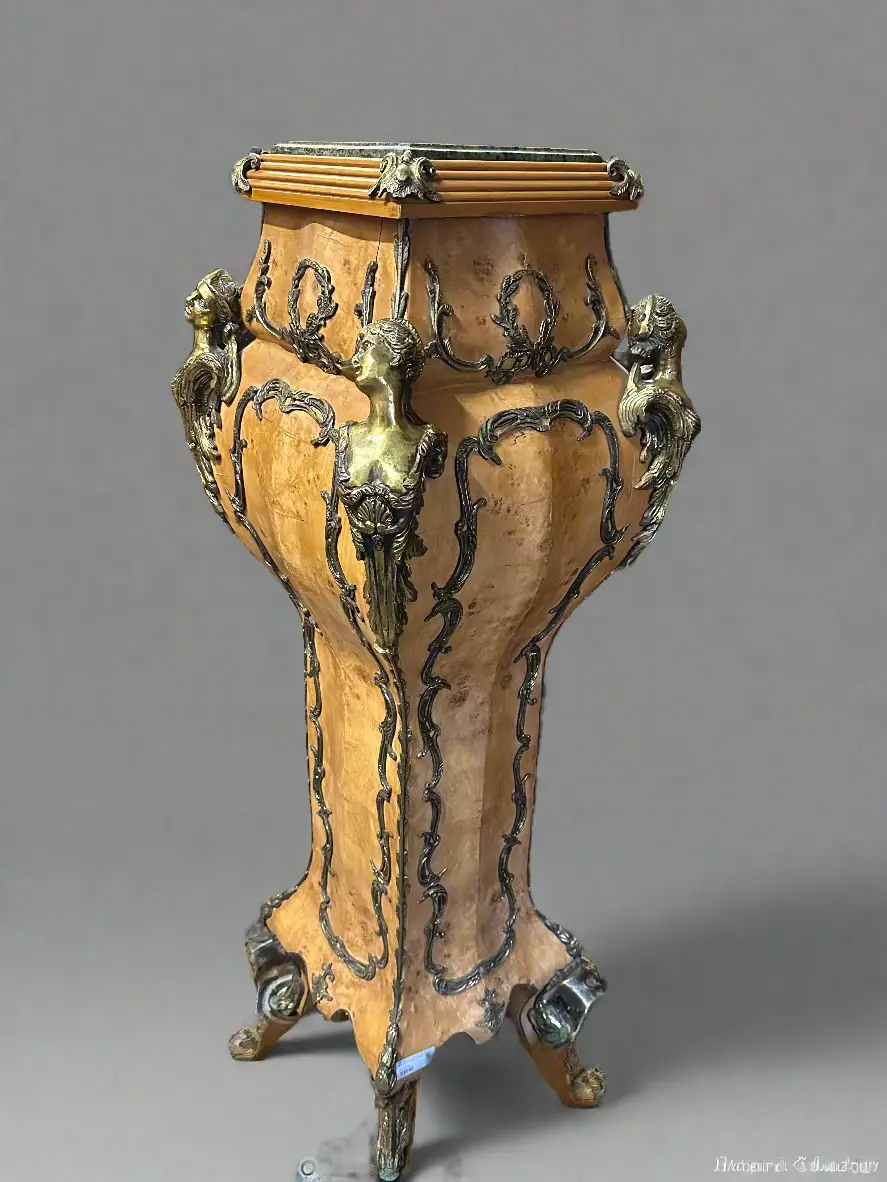 Tall French Louis Xv Burled Pedestal With Green Marble And Ormolu Lady Busts 1
