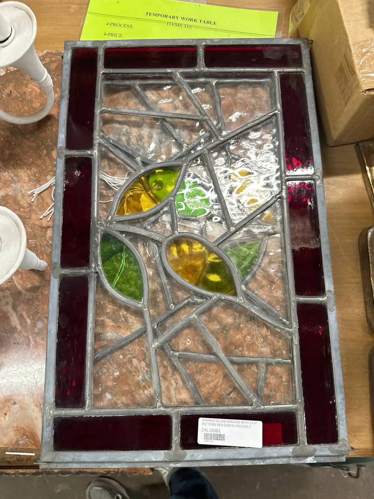 Stained Glass Window With Leaf Pattern Red Green And Gold 1