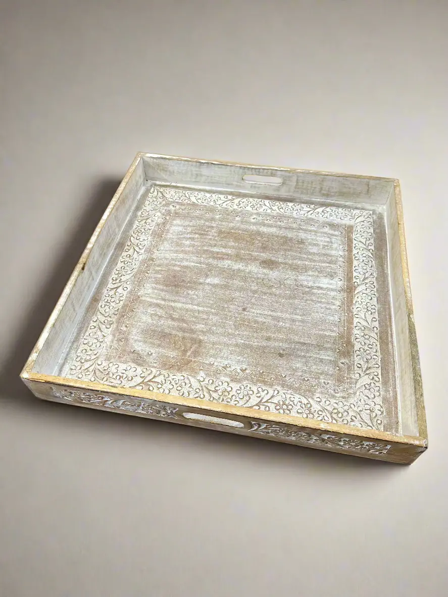 Indian Wood Carved White Tray 1