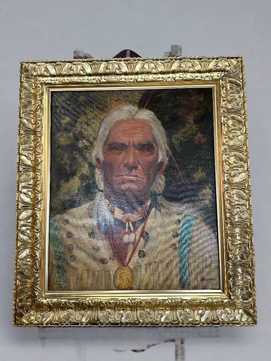 Roy Hampton Painting Of Indian Chief Canvas On Masonite 1