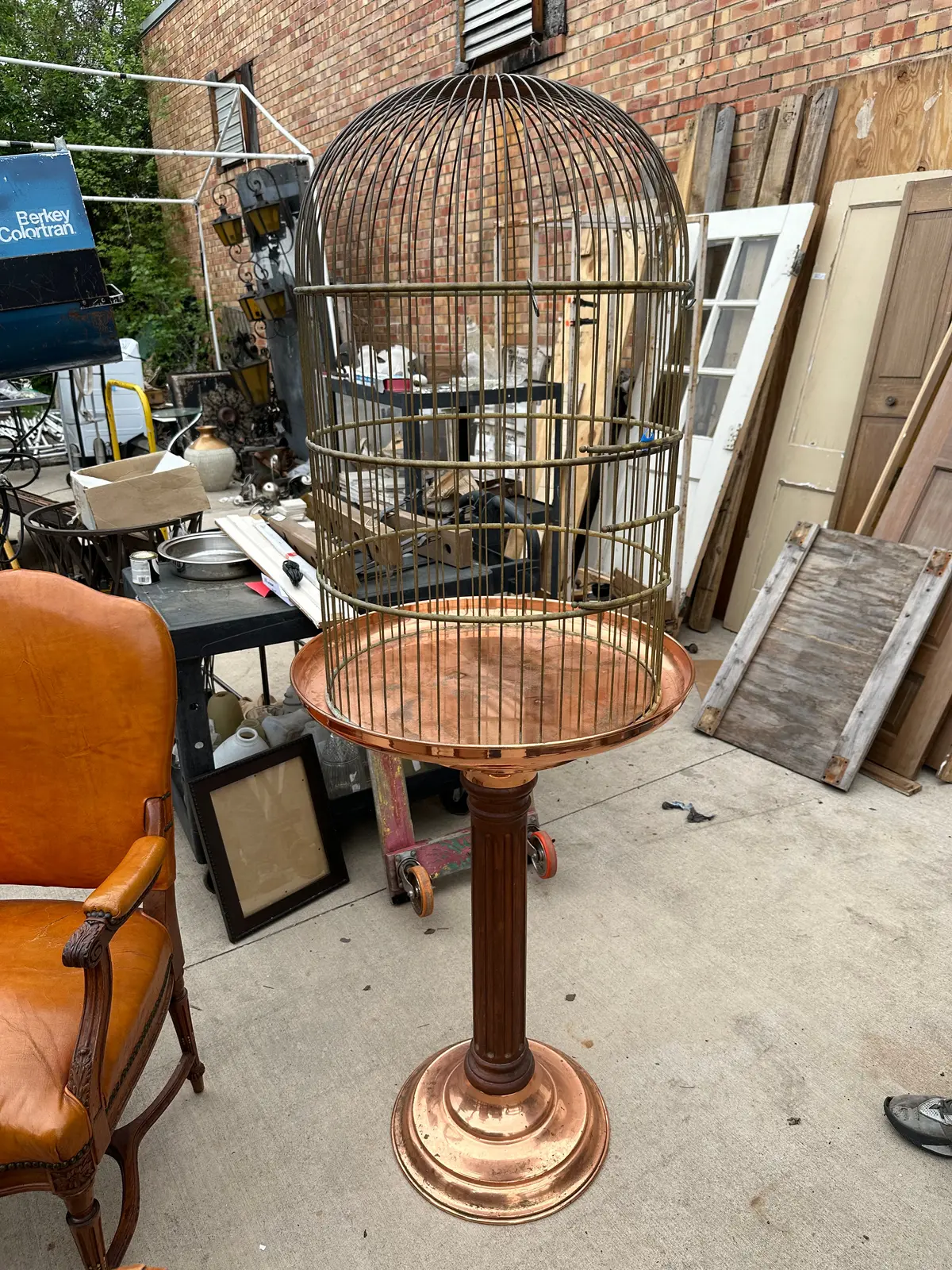 Large Copper And Iron Hanging Bird Cage With Copper Base 1
