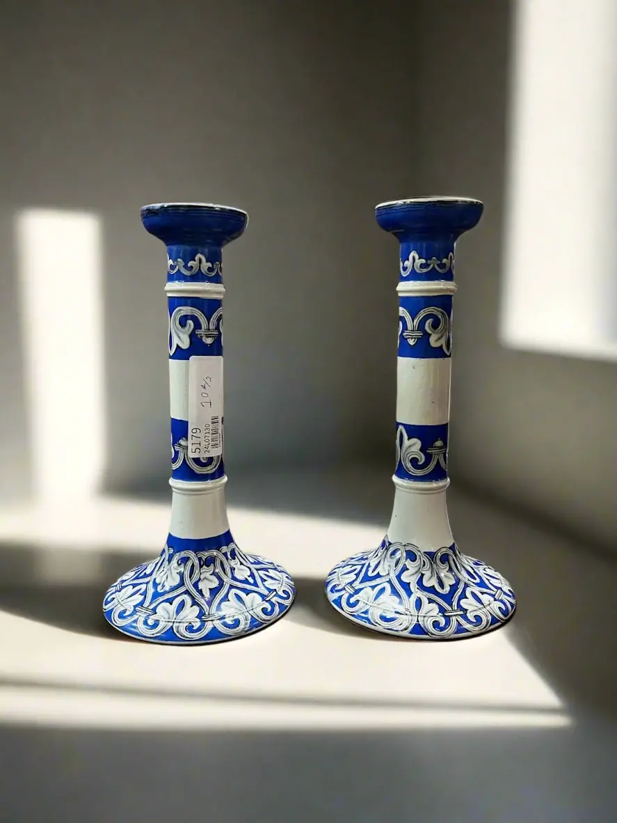 Pair Of Early French Majolica Blue And White Candle Stands 1