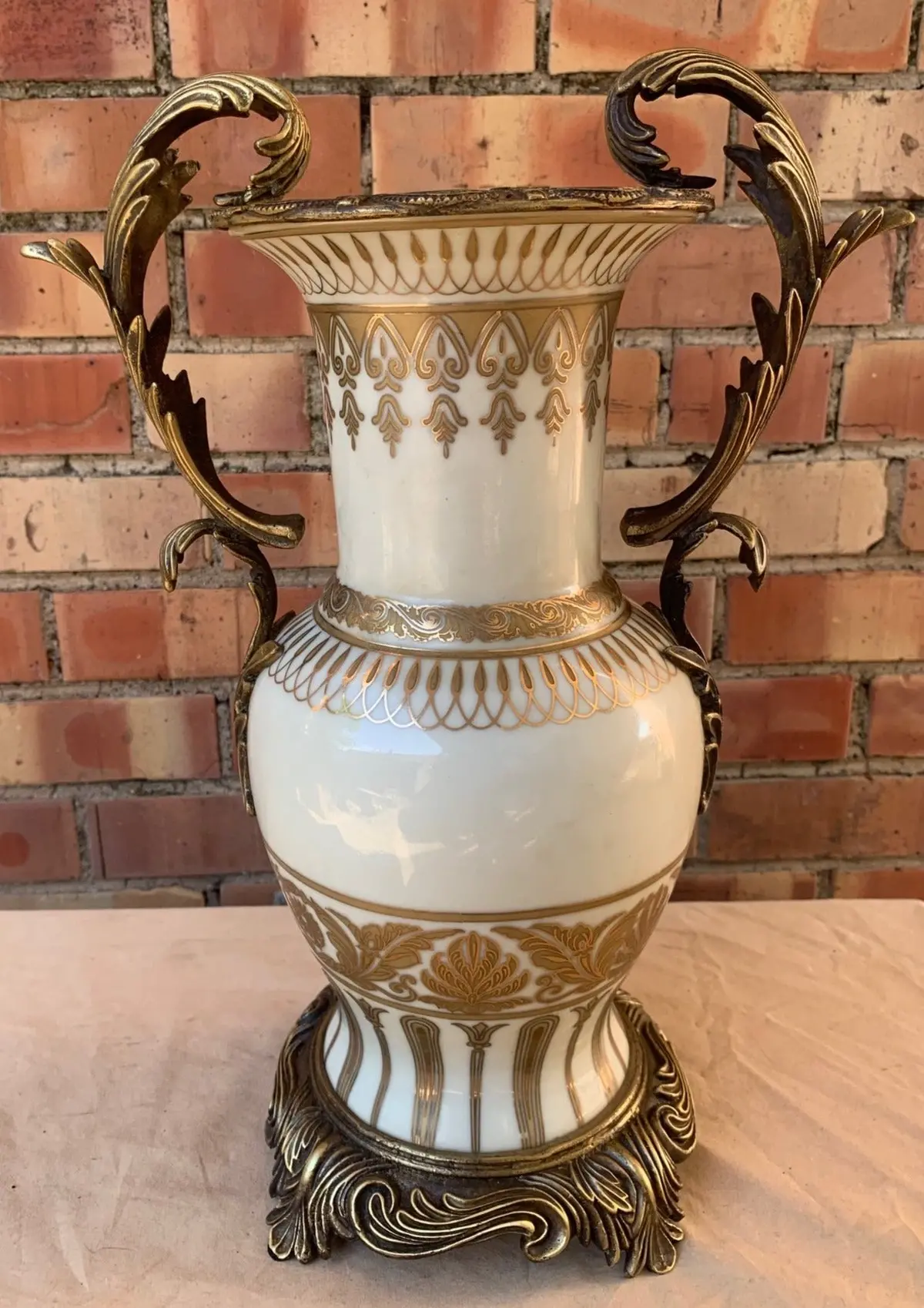 Not Old Ornate Porcelain And Brass Handled Vase 1