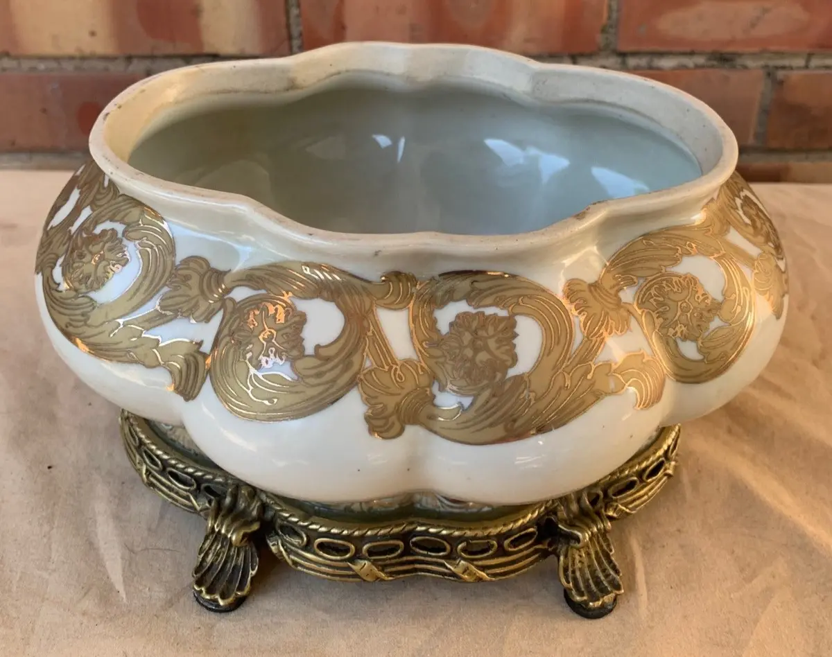 Small Ovoid Ornate Brass And Porcelain Center Bowl 1