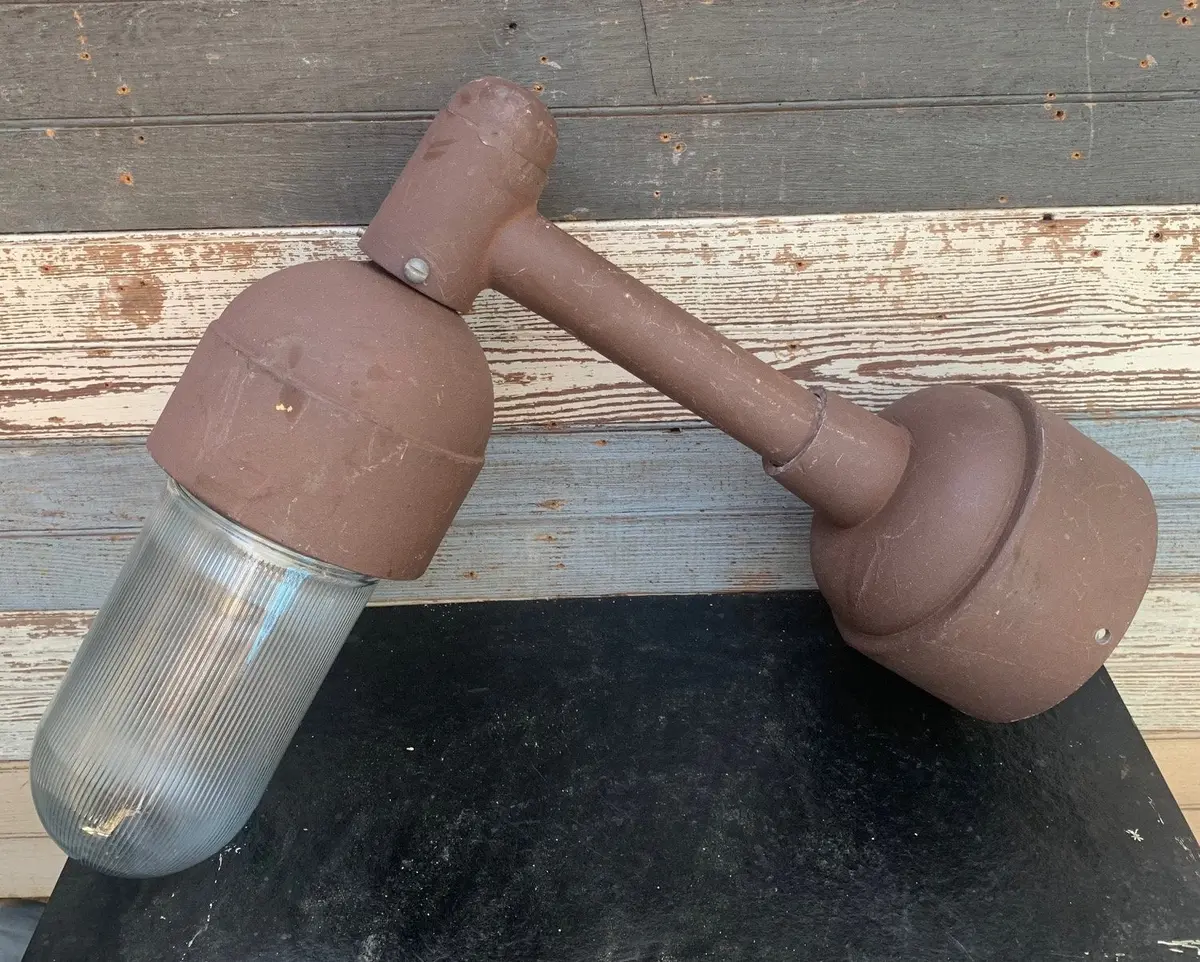 Large Industrial Brown Metal And Halophane Glass Sconce 1