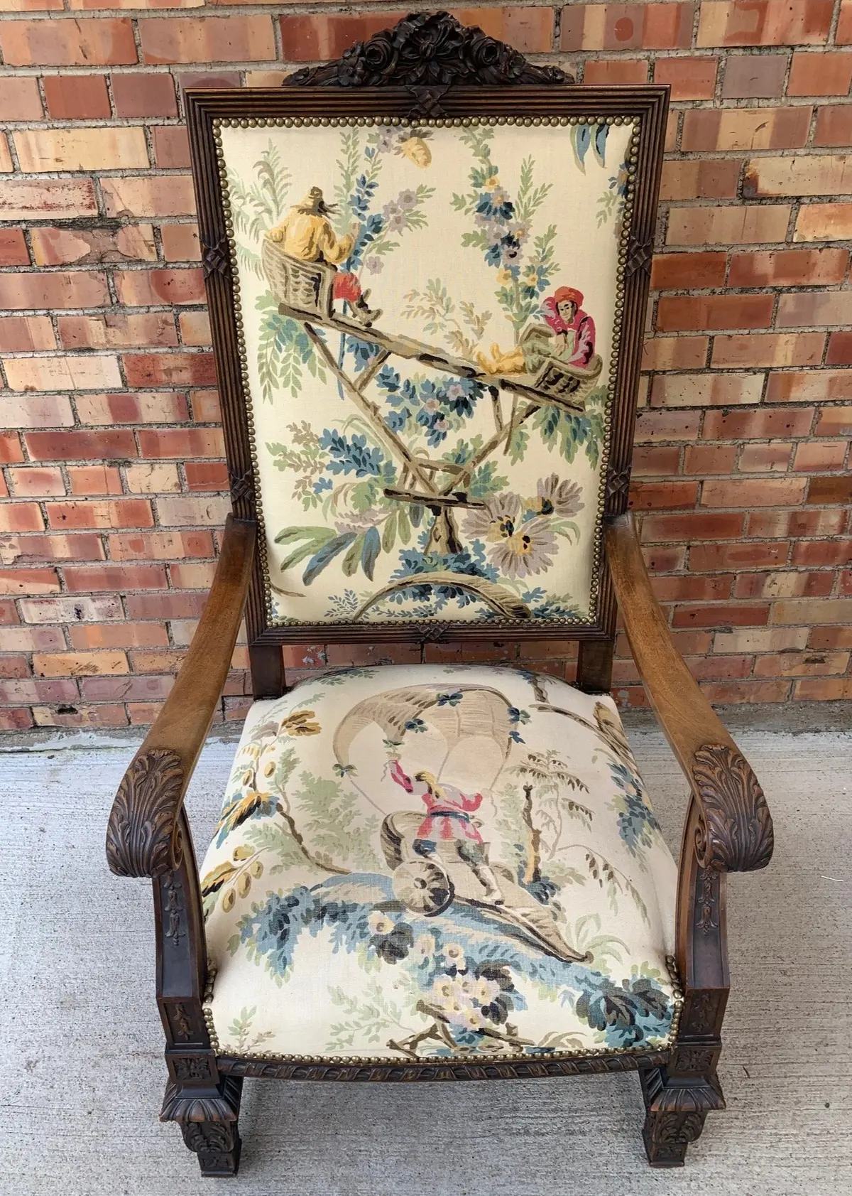 High Back Louis Xiv Upholstered Walnut Throne Chair With Yellow Fabric 1