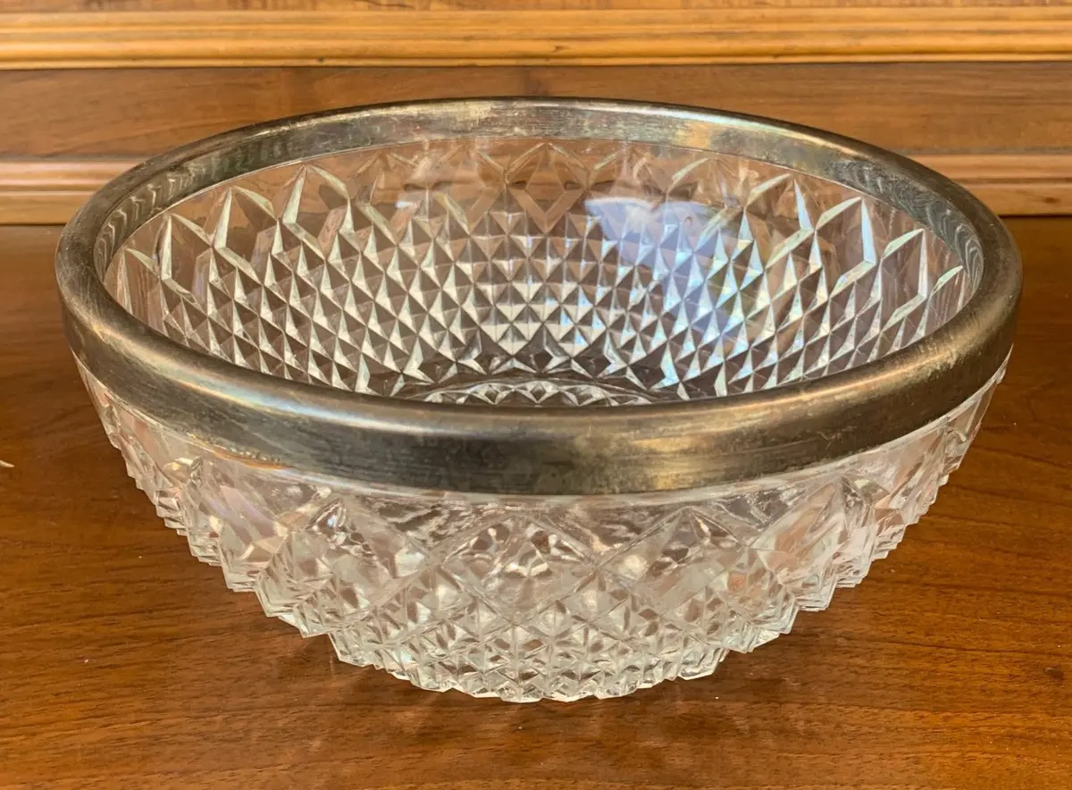 Silver Plate Rim Large Crystal Bowl 1