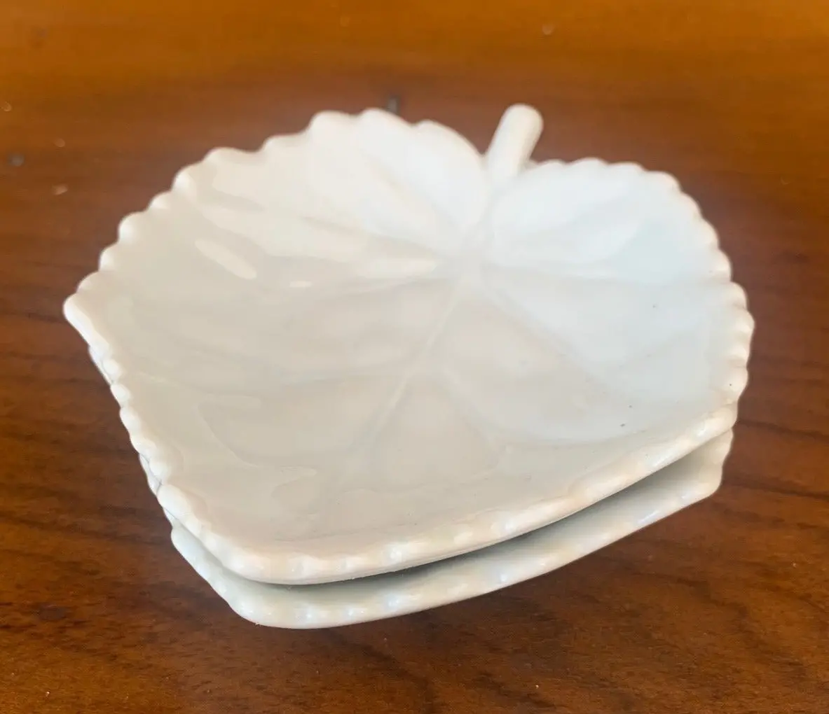 Pair Of Tiny White Ceramic Leaf Dishes 1