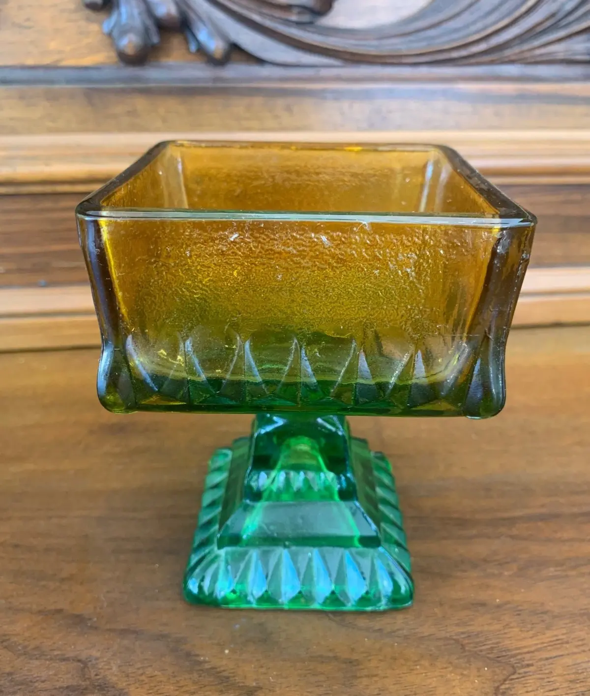Small Square Greeen And Amber Glass Compote 1