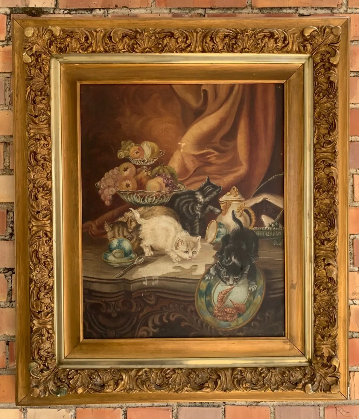 Nicely Framed Oil Painting Of Kittens 1