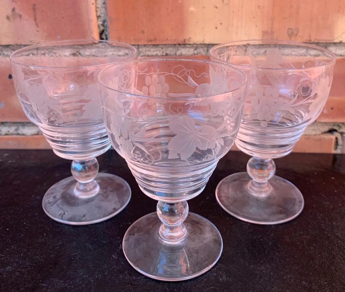 Set Of 3 Grape Etched Stemmed Glasses 1