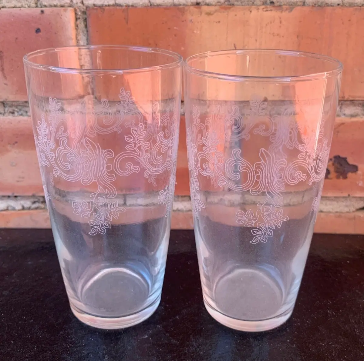 Pair Of Tall Vine Etched Glasses 1