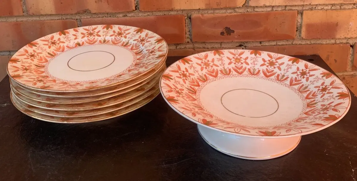 Early Orange Floral Set Of Compote And 6 Plates - As Is 1