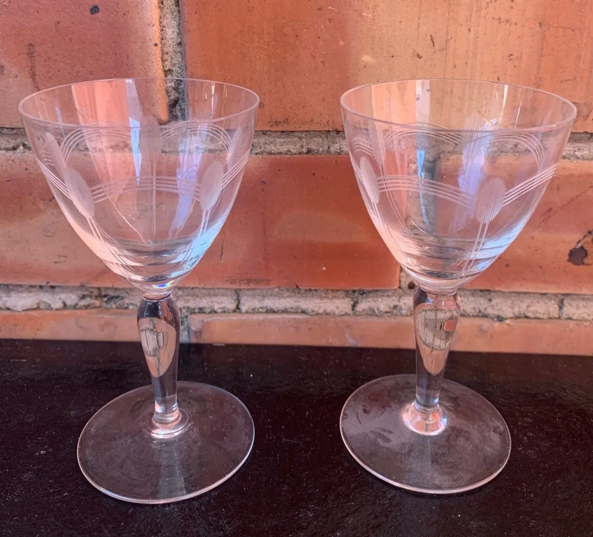 Pair Of Small Etched Crystal Sherry Glasses 1