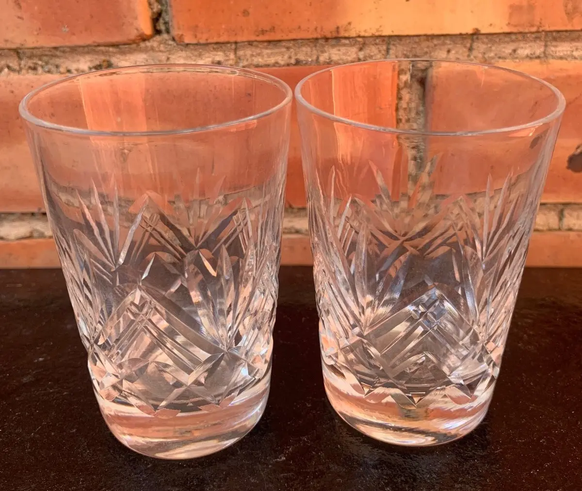 Pair Of Small Palm Leaf Cut Crystal Glasses 1