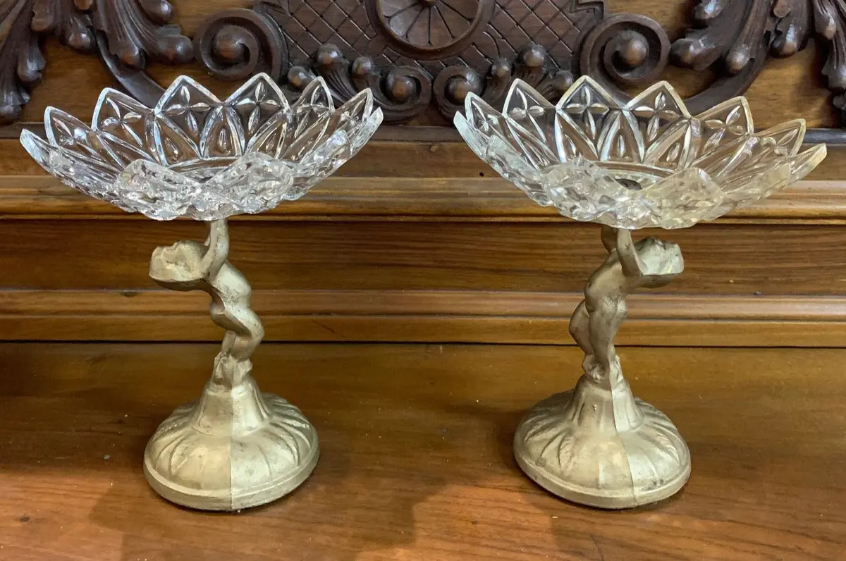 Pair Of Small Spelter And Glass Cherub Compotes 1