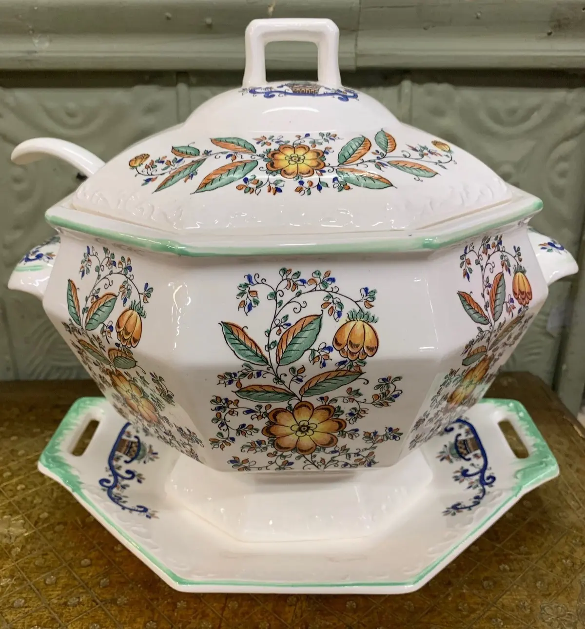 Floral Japanese Covered Serving Dish With Ladle And Under Plate 1
