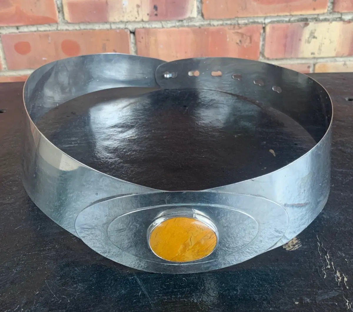 Awesome 1980'S Metal Chrome Belt With Brown Stone 1