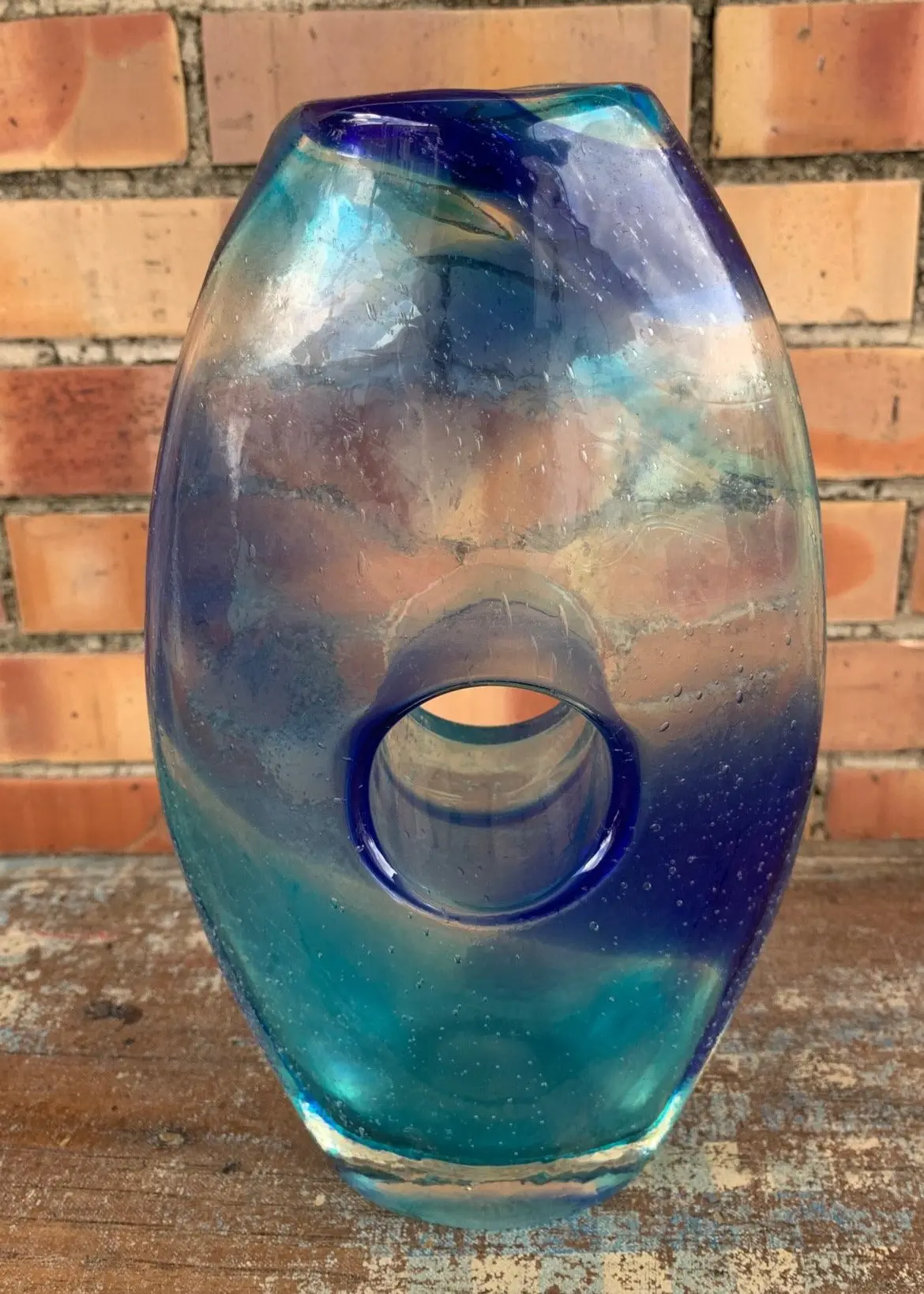 Hand Blown Blue Art Glass Vase With Hole At Center 1