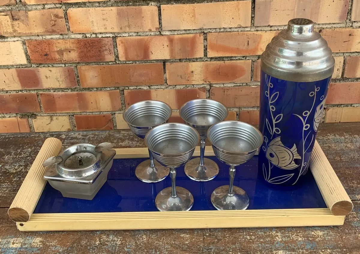 Cobalt And Silver Plate Bar Set Of Shaker, 4 Stems, Tray, And Ashtray 1