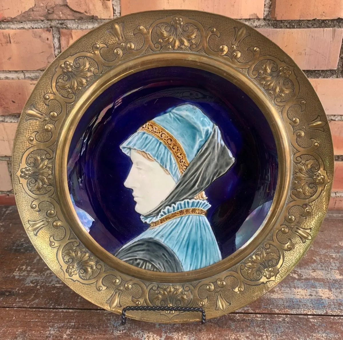 Majolica Large Plate With Brass Rim Depicting Lady 1