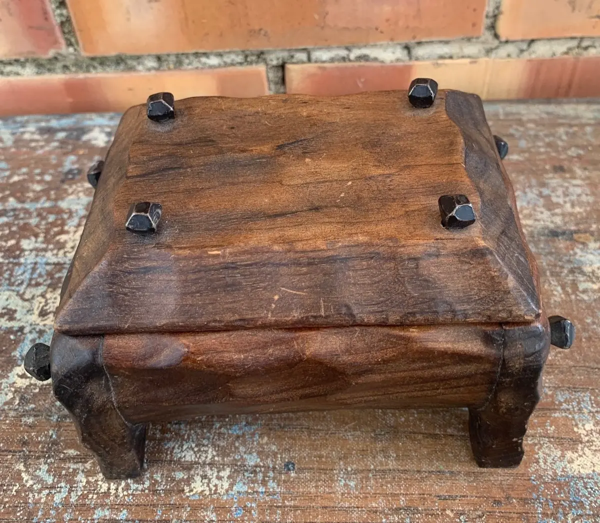 Carved Walnut Box With Wood Pins 1