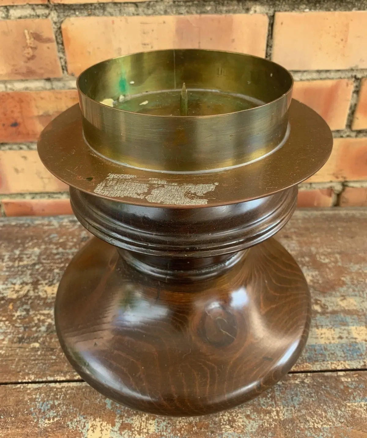 Large Wooden Candle Pricket With Brass Holder 1