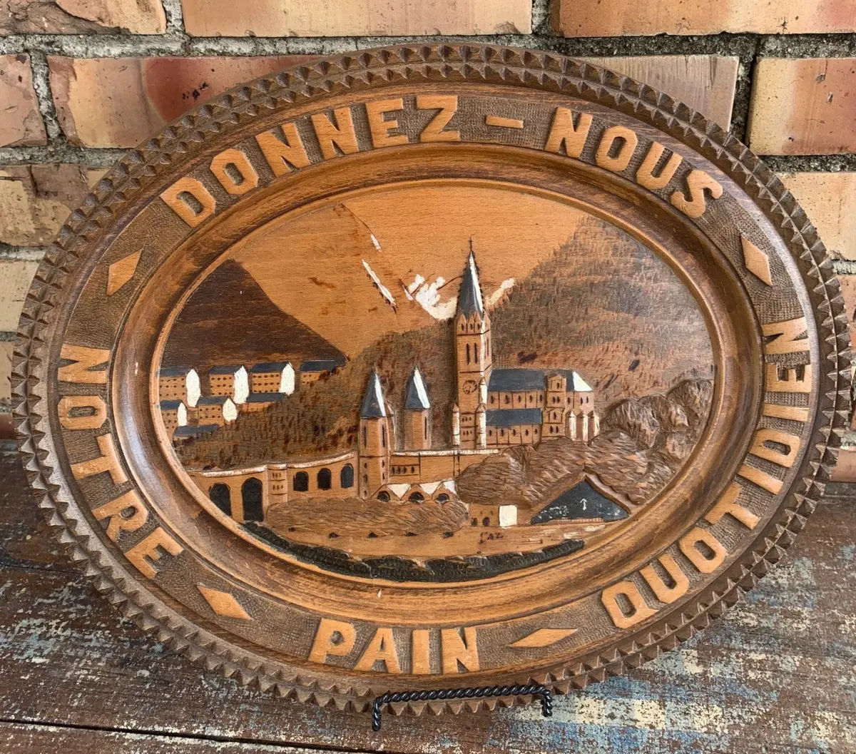 French "Give Us Our Daily Bread" With Carved Village Tray/Plaque 1