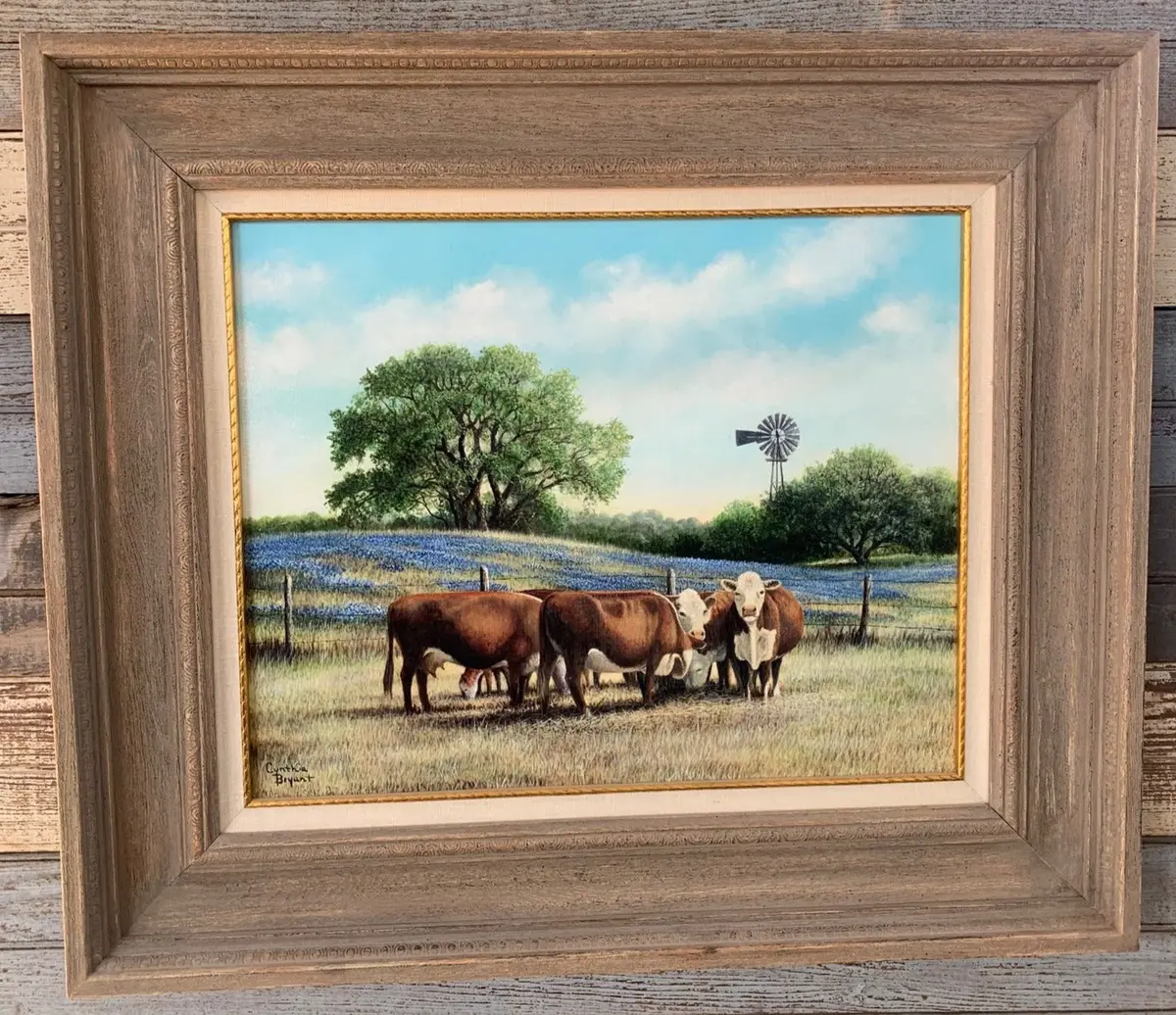 White Faced Hereford Cows In Field Of Bluebonnets Painting Signed By Cynthia Bryant 1