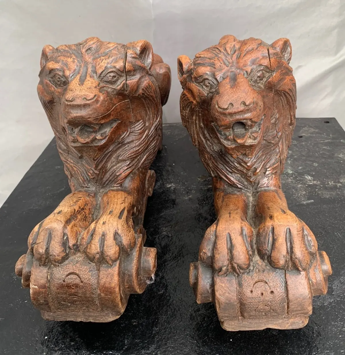 Pair Of Carved French Oak Lions 1