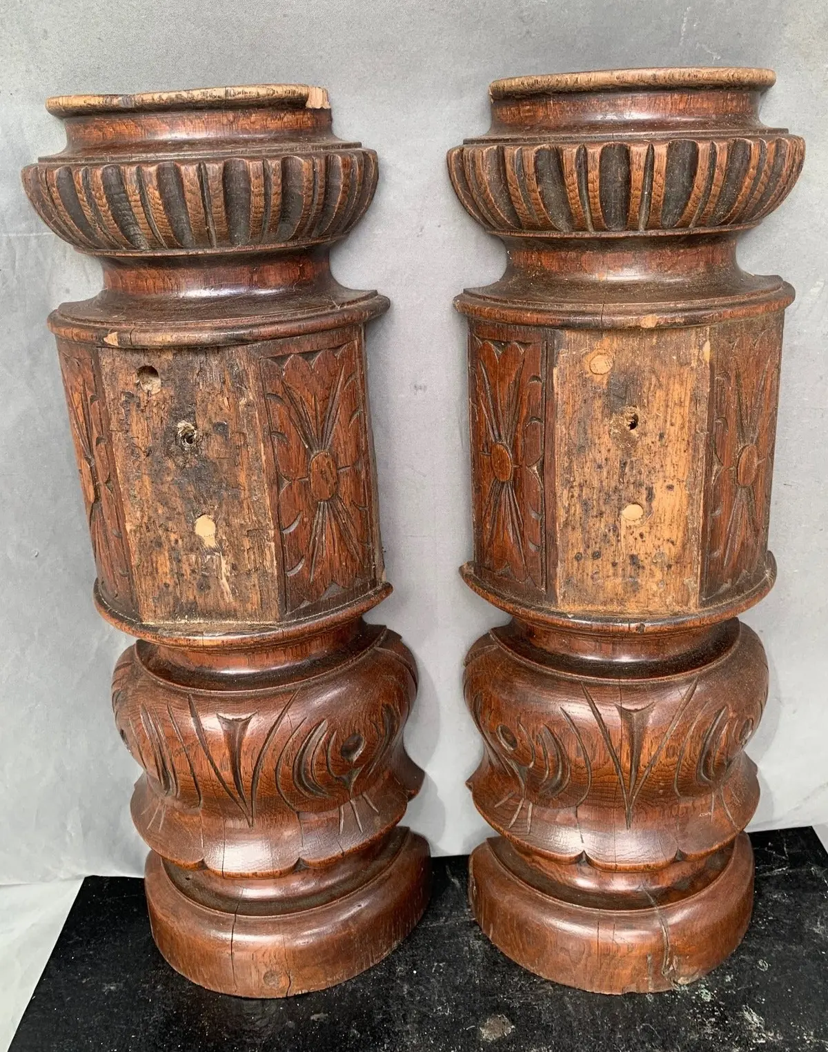 Pair Of Small Carved French Oak Pilasters 1