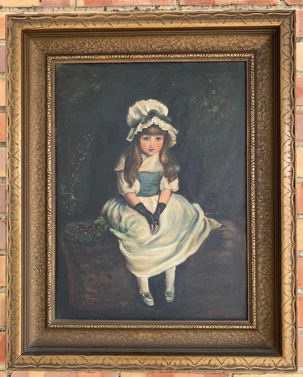 Oil Painting Of Young Girl Setting By S. Watkins 1
