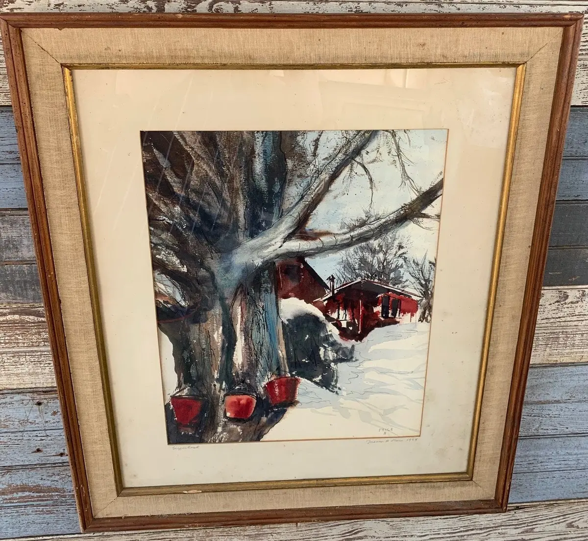 Watercolor Painting Of Snow Scene With Sap Buckets Signed Price 1