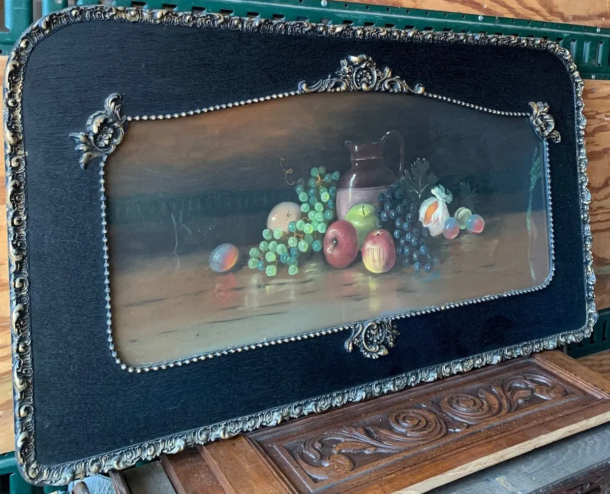 Old Pastel Still Life In Black Gesso Frame 1