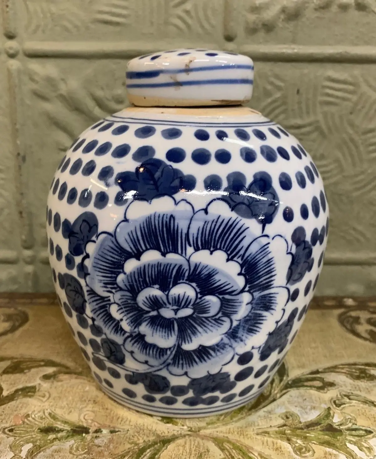 Blue And White Chinese Ginger Jar With Floral And Polka Dots 1