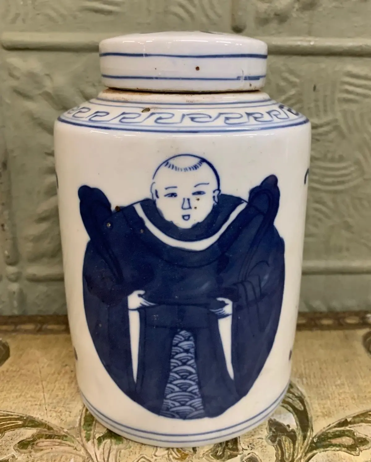 Blue And White Chinese Ginger Jar With Monks 1